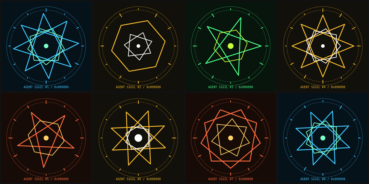 A grid of eight sample Agent Sigils